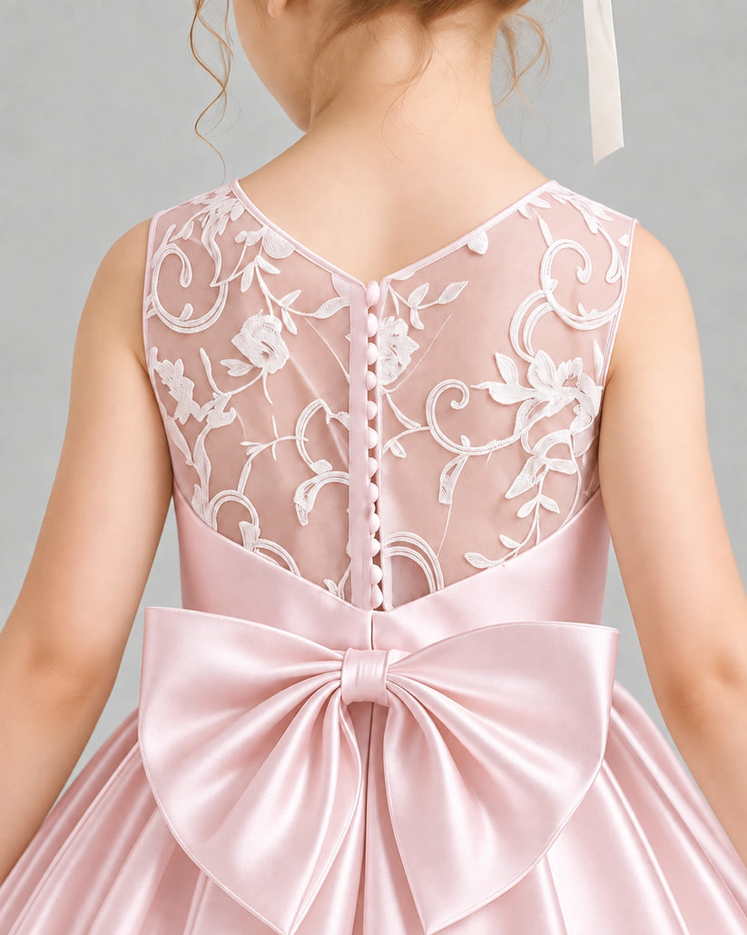 BlushPink Satin A-line Flower Girl Dress Back Detail View