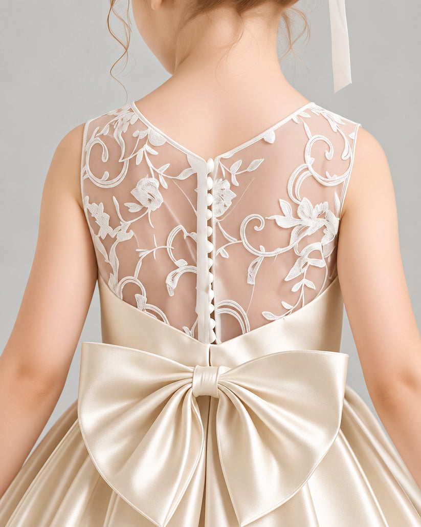Champagne Satin A-line Flower Girl Dress Back Detail View