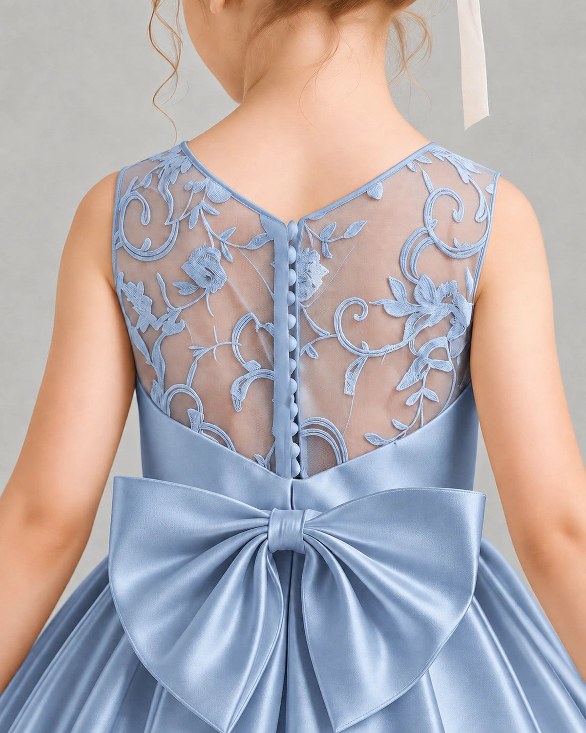 DustyBlue Satin A-line Flower Girl Dress Back Detail View