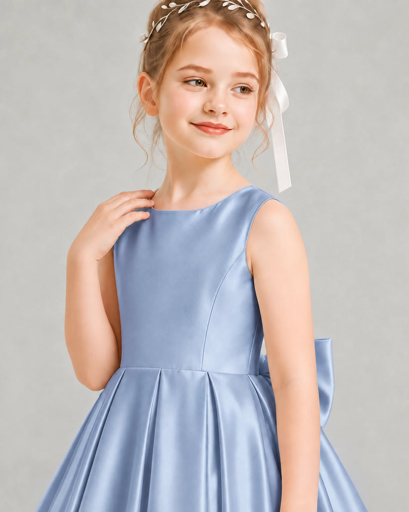 DustyBlue Satin A-line Flower Girl Dress View