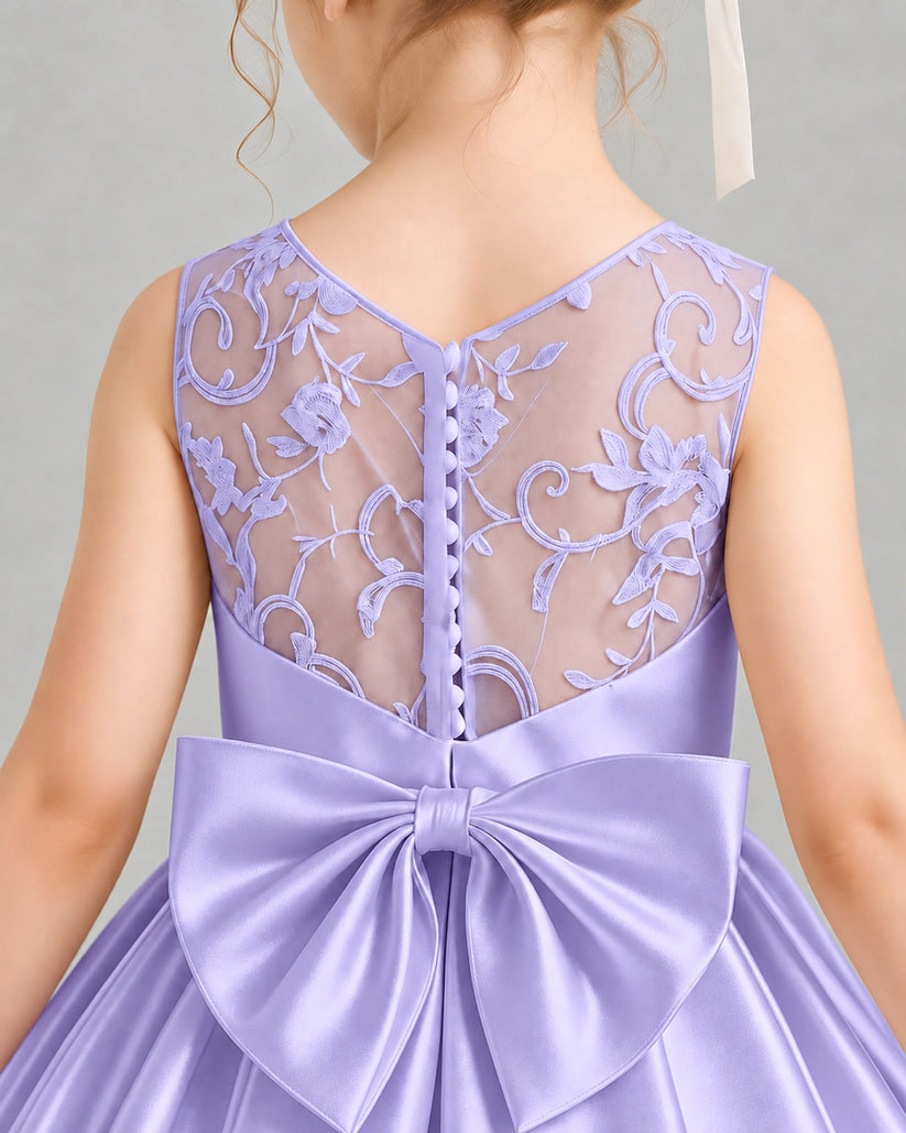 Lavender Satin A-line Flower Girl Dress Back Detail View