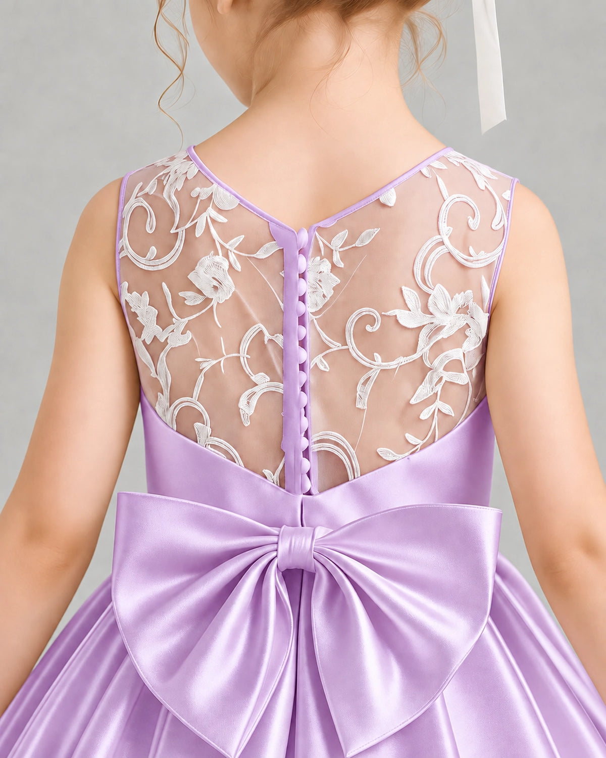 Lilac Satin A-line Flower Girl Dress Back Detail View