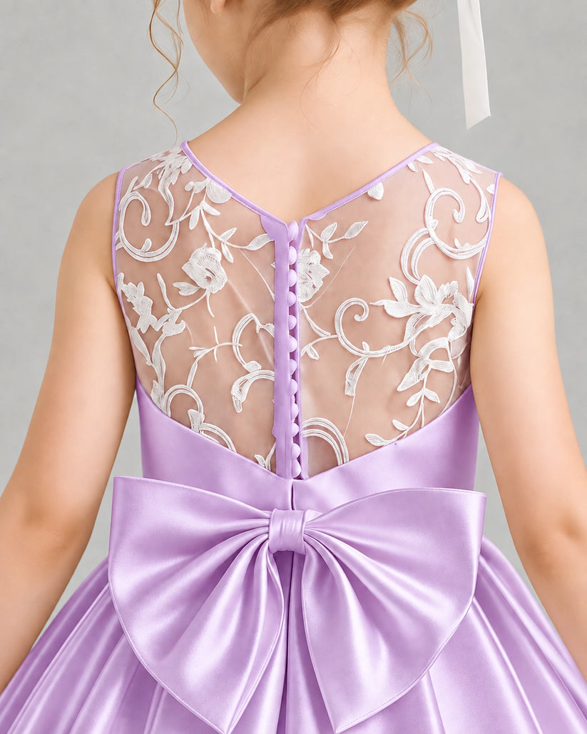 Lilac Satin A-line Flower Girl Dress Back Detail View