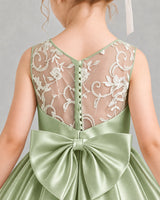 SageGreen Satin A-line Flower Girl Dress Back Detail View