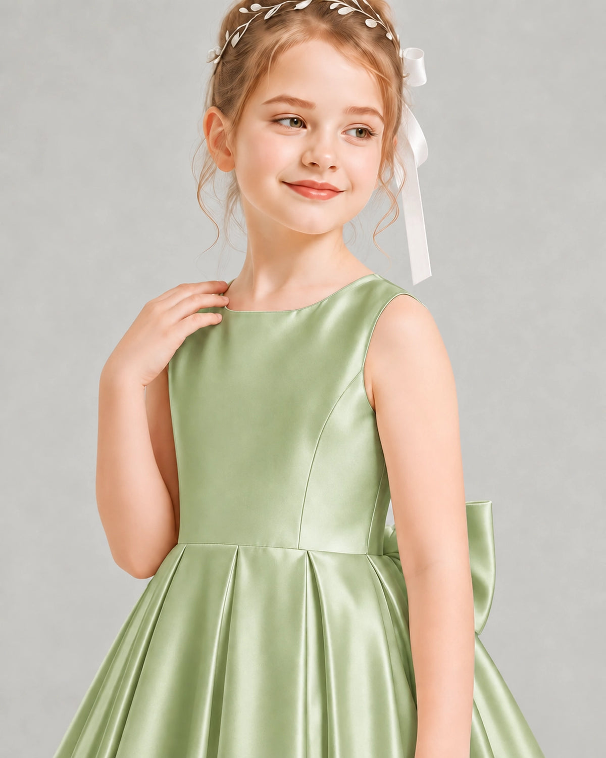 SageGreen Satin A-line Flower Girl Dress View