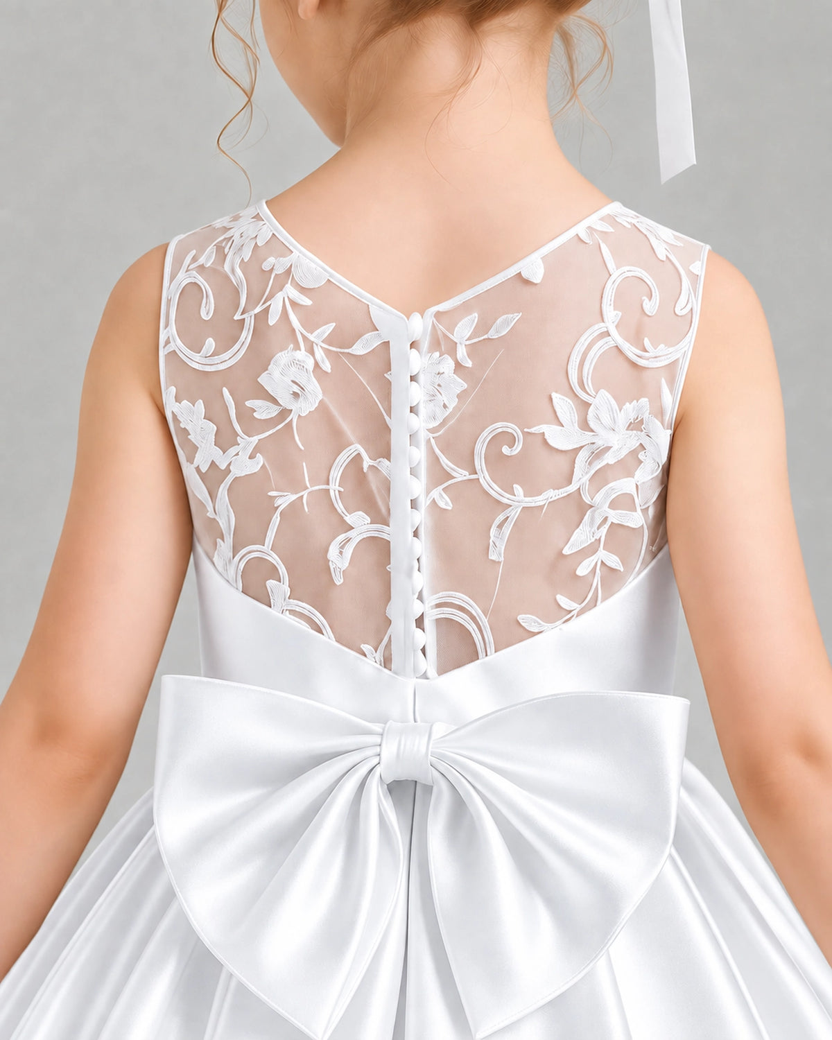 White Satin A-line Flower Girl Dress Back Detail View