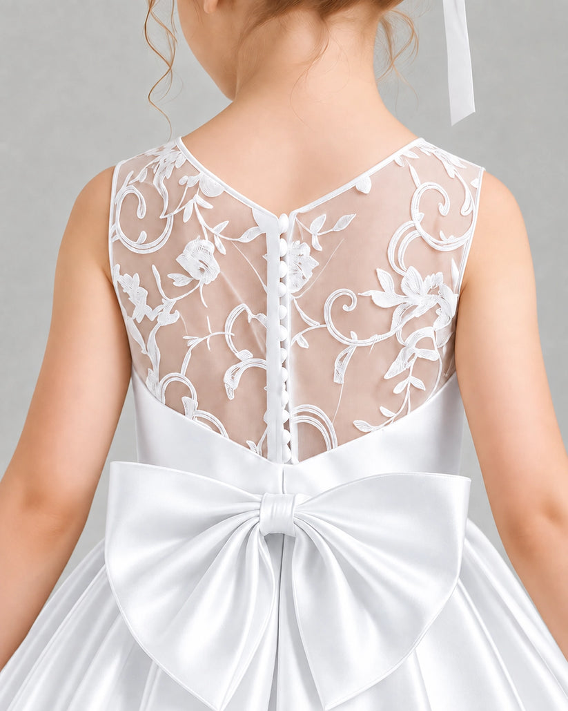 White Satin A-line Flower Girl Dress Back Detail View