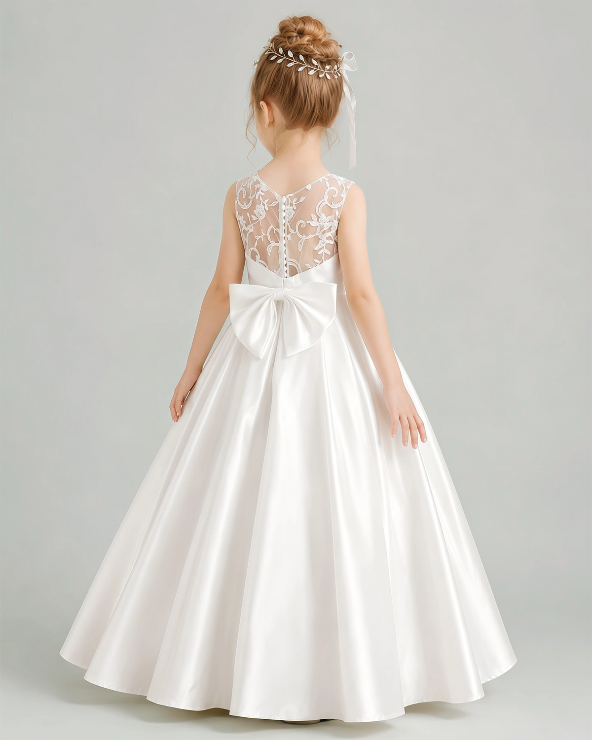 Ivory Satin A-line Flower Girl Dress Back View