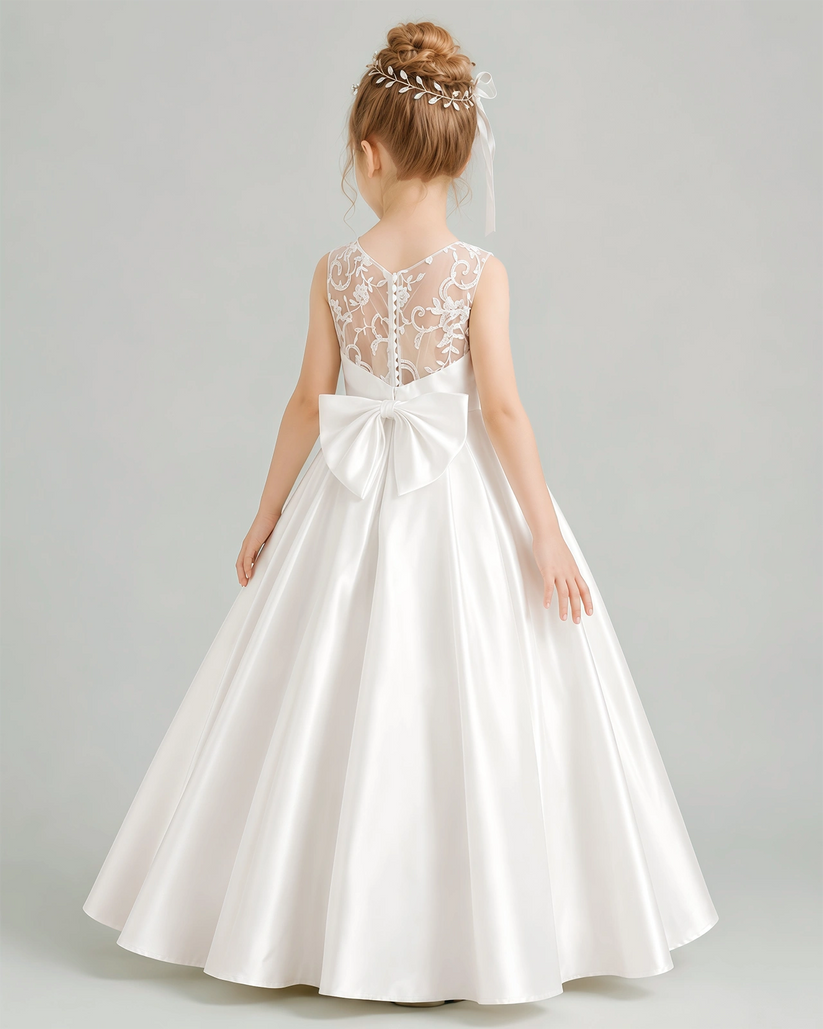 Ivory Satin A-line Flower Girl Dress Back View