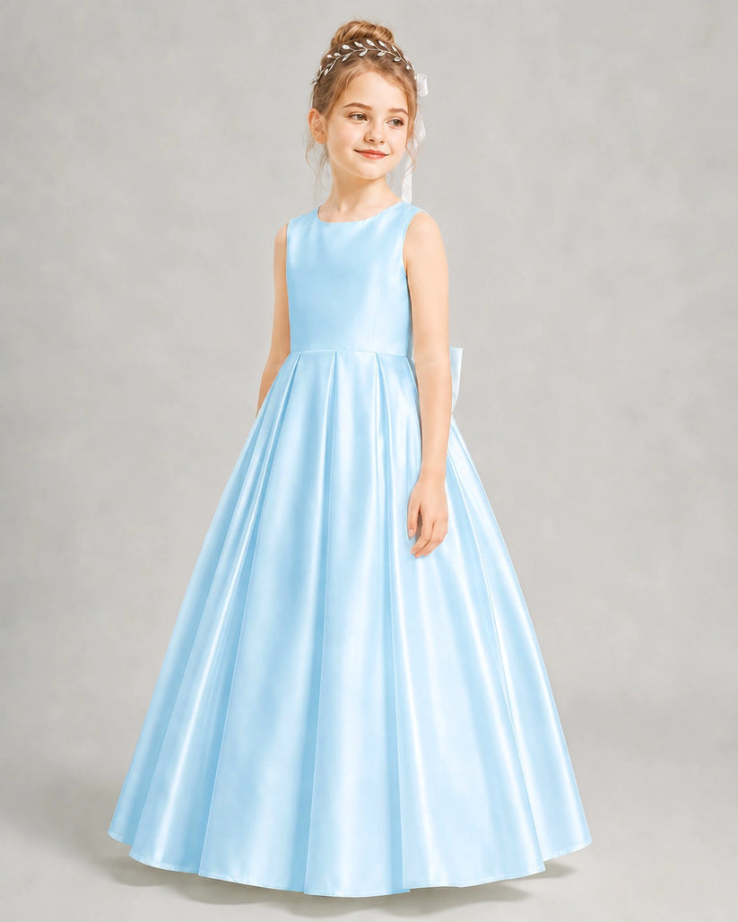 Baby Blue Satin A-line Flower Girl Dress Front View