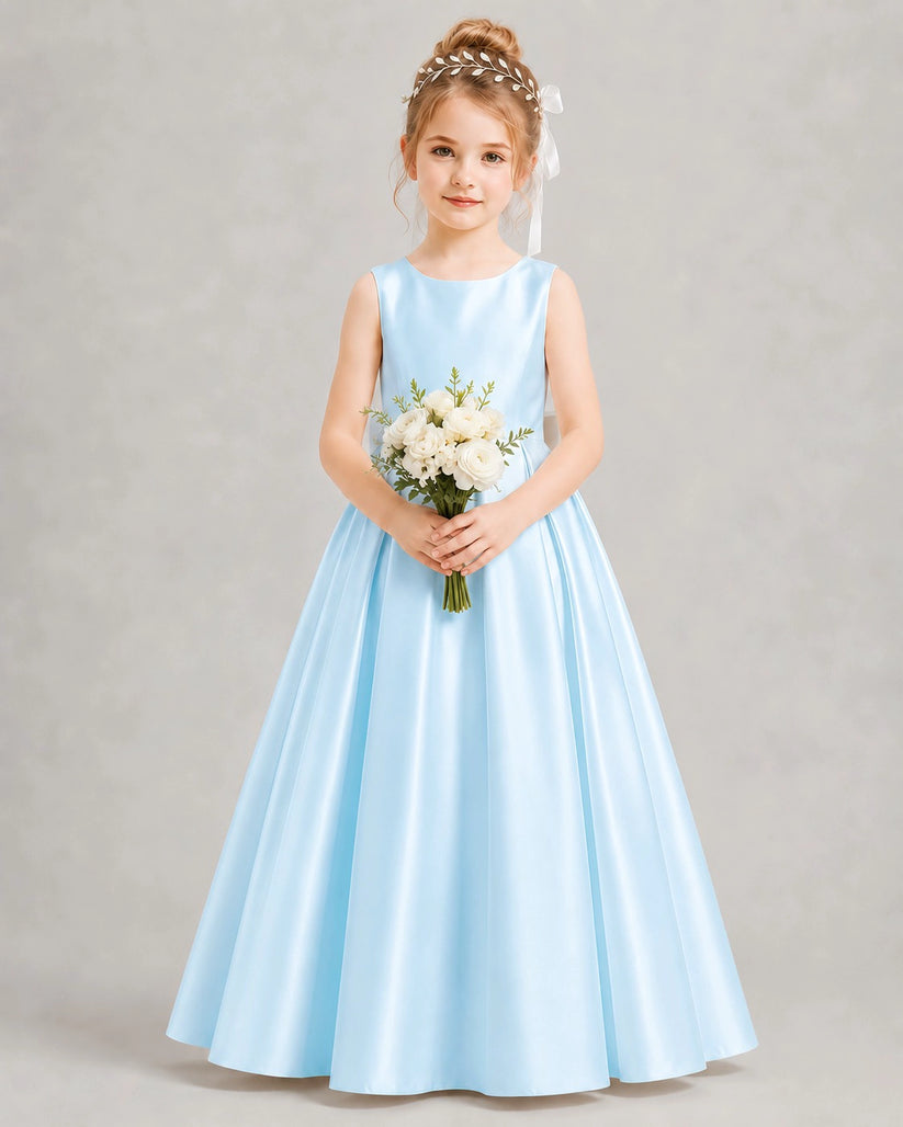 Baby Blue Satin A-line Flower Girl Dress Front View