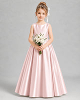 Blush Pink Satin A-line Flower Girl Dress Front View