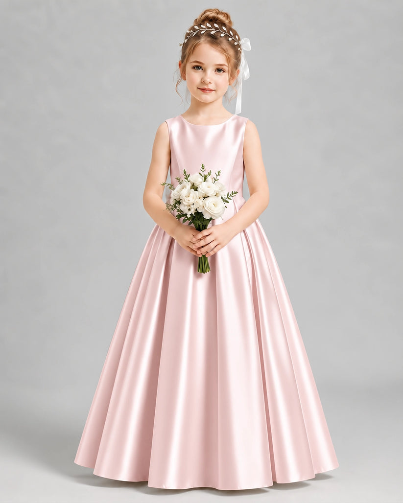 Blush Pink Satin A-line Flower Girl Dress Front View