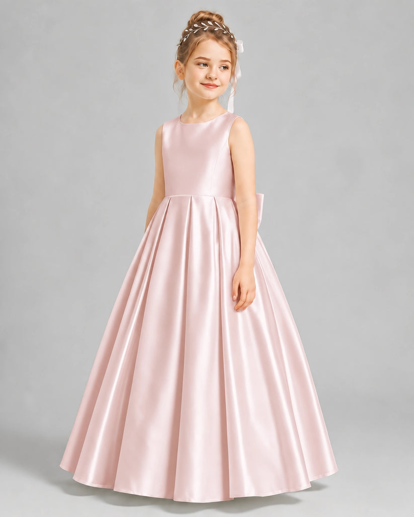 Blush Pink Satin A-line Flower Girl Dress Front View