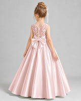 Blush Pink Satin A-line Flower Girl Dress Back View