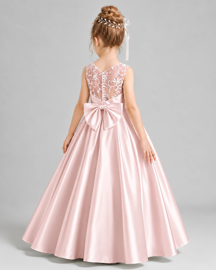 Blush Pink Satin A-line Flower Girl Dress Back View