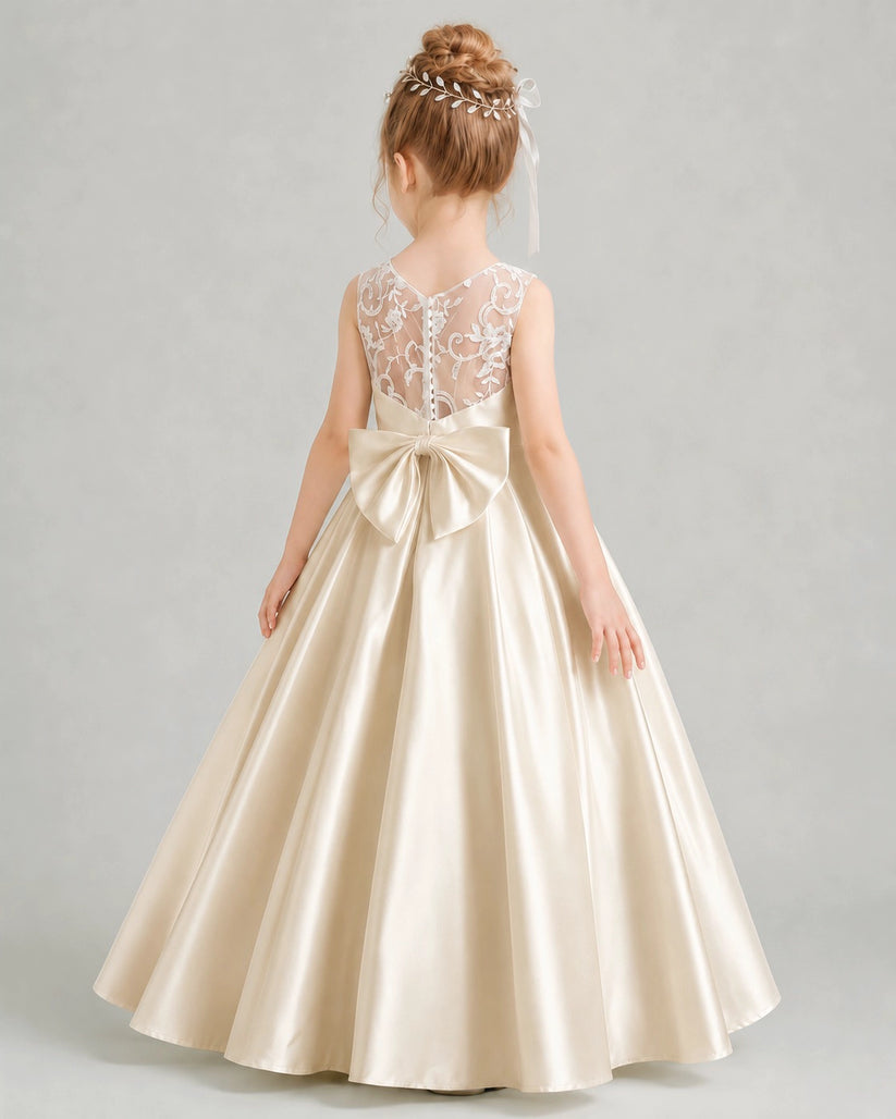 Champagne Satin A-line Flower Girl Dress Back View