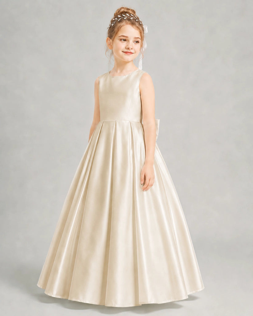 Champagne Satin A-line Flower Girl Dress Front View