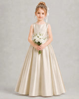 Champagne Satin A-line Flower Girl Dress Front View