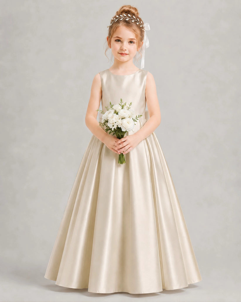 Champagne Satin A-line Flower Girl Dress Front View