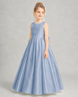 Dusty Blue Satin A-line Flower Girl Dress Front View