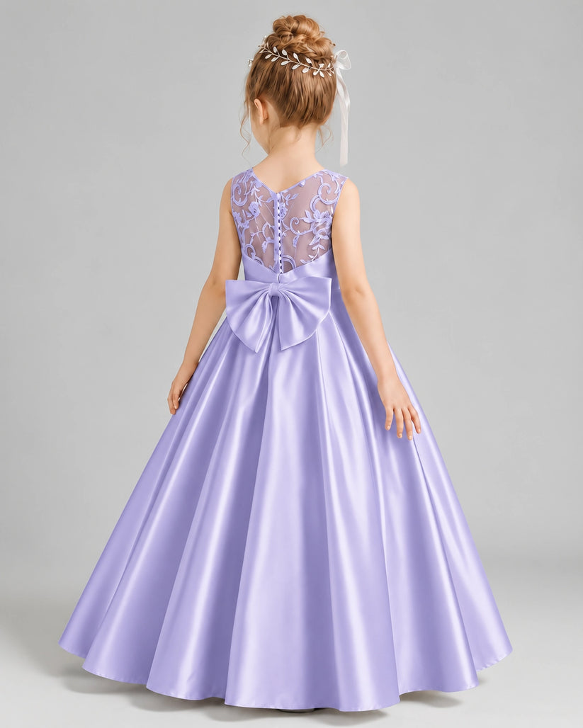 Lavender Satin A-line Flower Girl Dress Back View