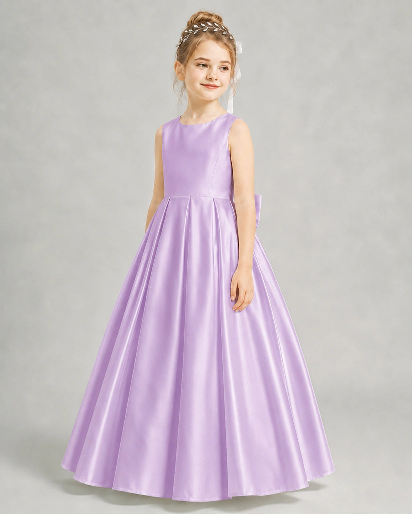 Lilac Satin A-line Flower Girl Dress Front View