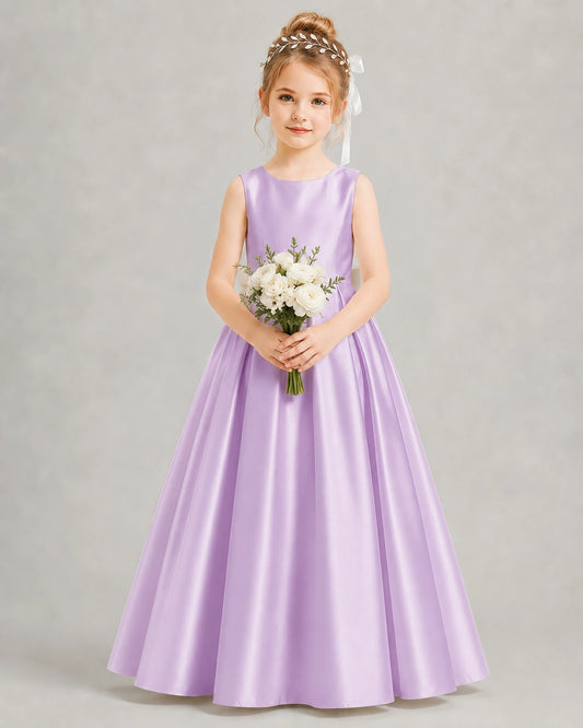 Lilac Satin A-line Flower Girl Dress Front View