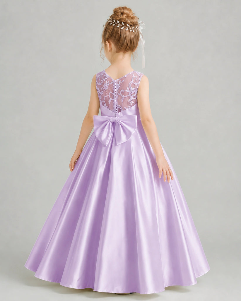 Lilac Satin A-line Flower Girl Dress Back View