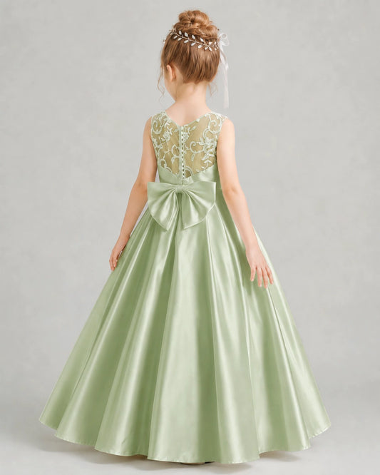 Sage Green Satin A-line Flower Girl Dress Back View