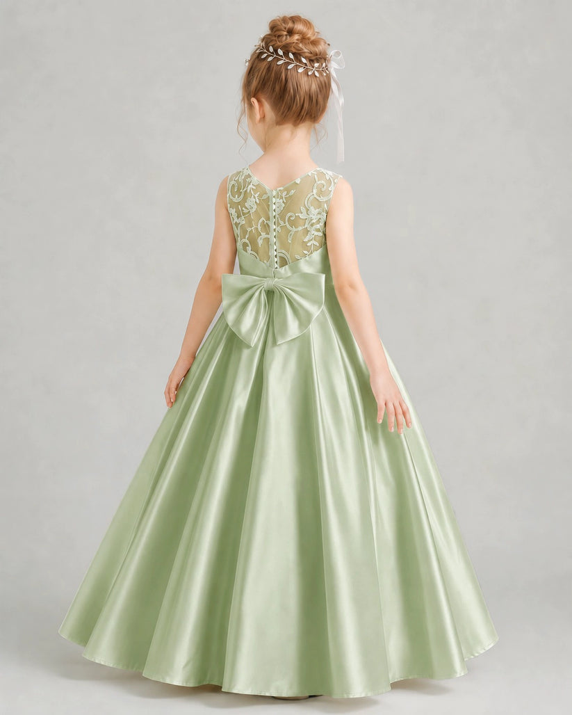 Sage Green Satin A-line Flower Girl Dress Back View