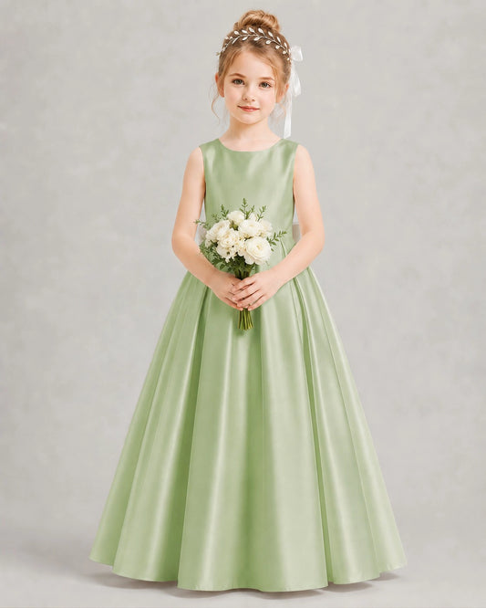 Sage Green Satin A-line Flower Girl Dress Front View