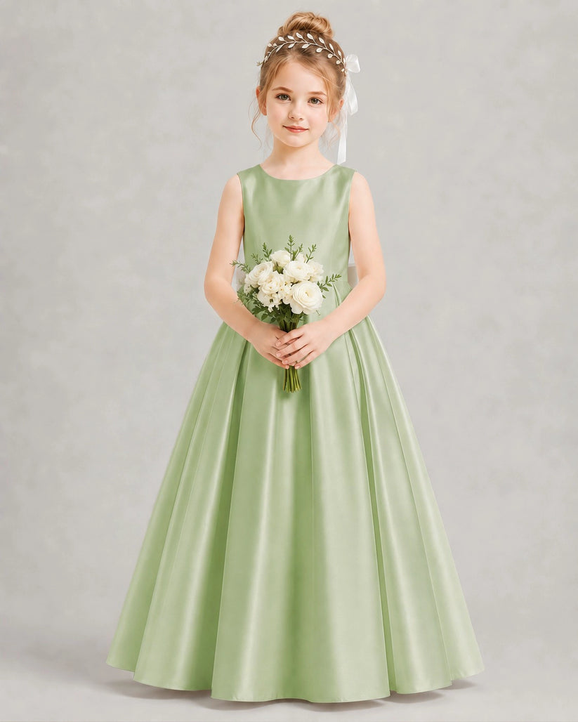 Sage Green Satin A-line Flower Girl Dress Front View