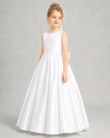 White Satin A-line Flower Girl Dress Front View