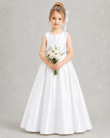 White Satin A-line Flower Girl Dress Front View