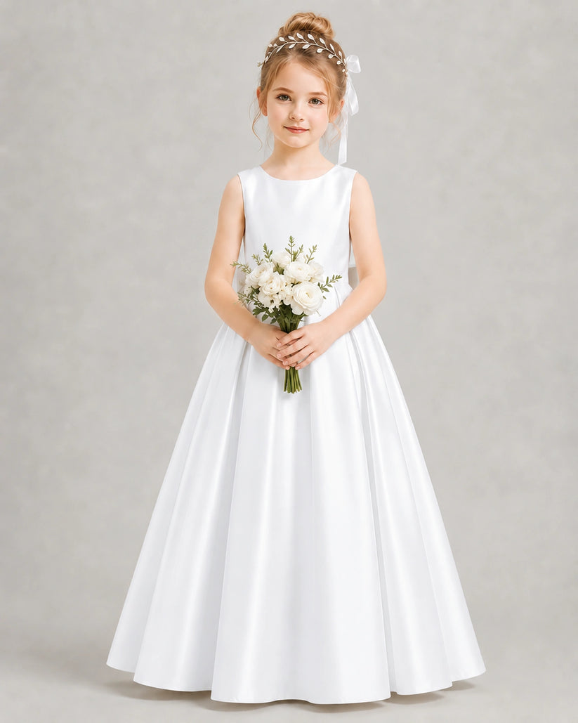 White Satin A-line Flower Girl Dress Front View