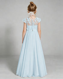 Baby Blue Flower Girl Dress 3D Floral Lace Sheer Chiffon A-Line Floor-Length Gown Back Full View