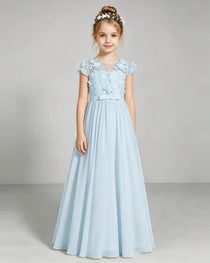 Baby Blue Flower Girl Dress 3D Floral Lace Sheer Chiffon A-Line Floor-Length Gown Front Full View
