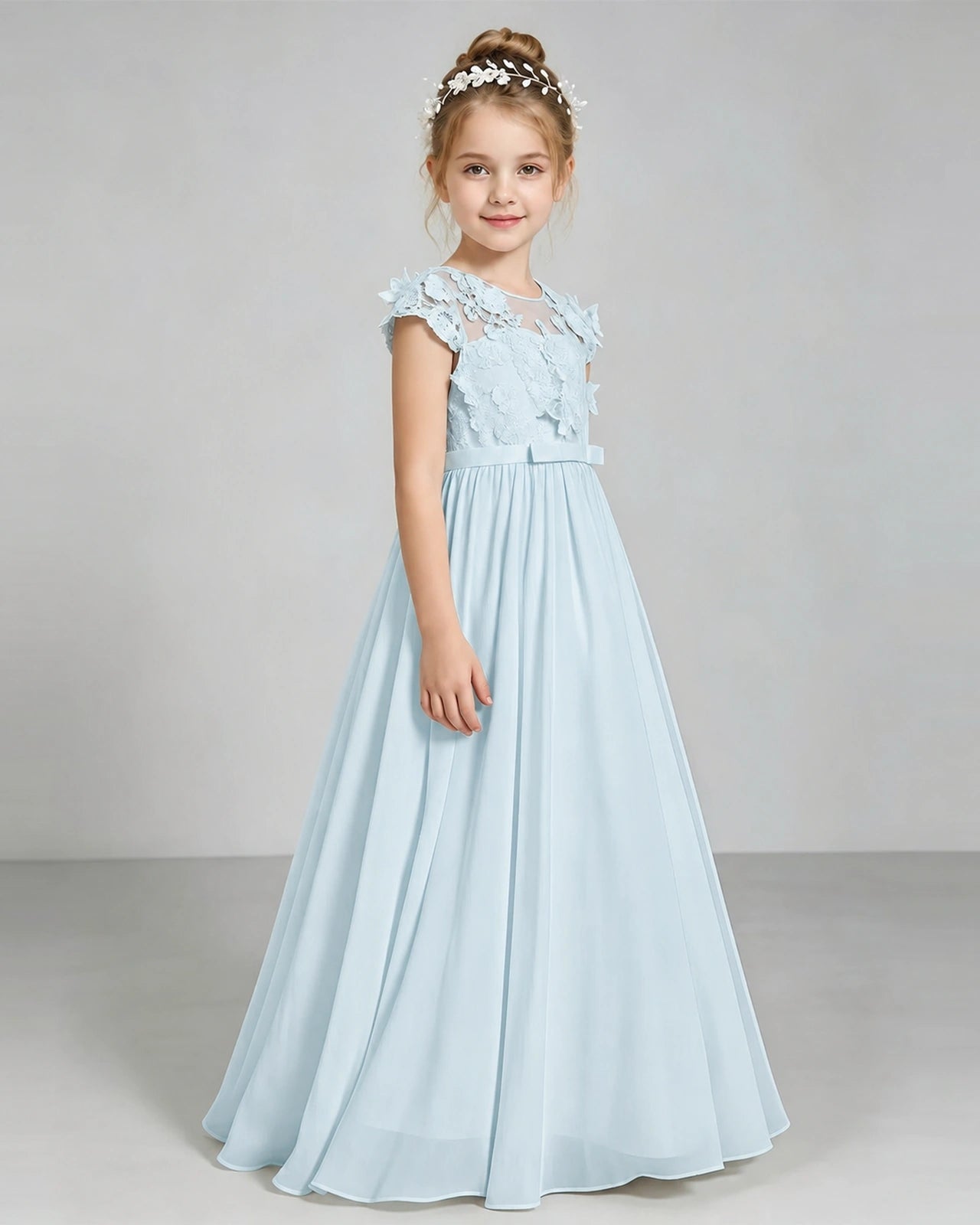 Baby Blue Flower Girl Dress 3D Floral Lace Sheer Chiffon A-Line Floor-Length Gown Side Full View