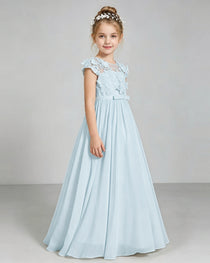 Baby Blue Flower Girl Dress 3D Floral Lace Sheer Chiffon A-Line Floor-Length Gown Side Full View