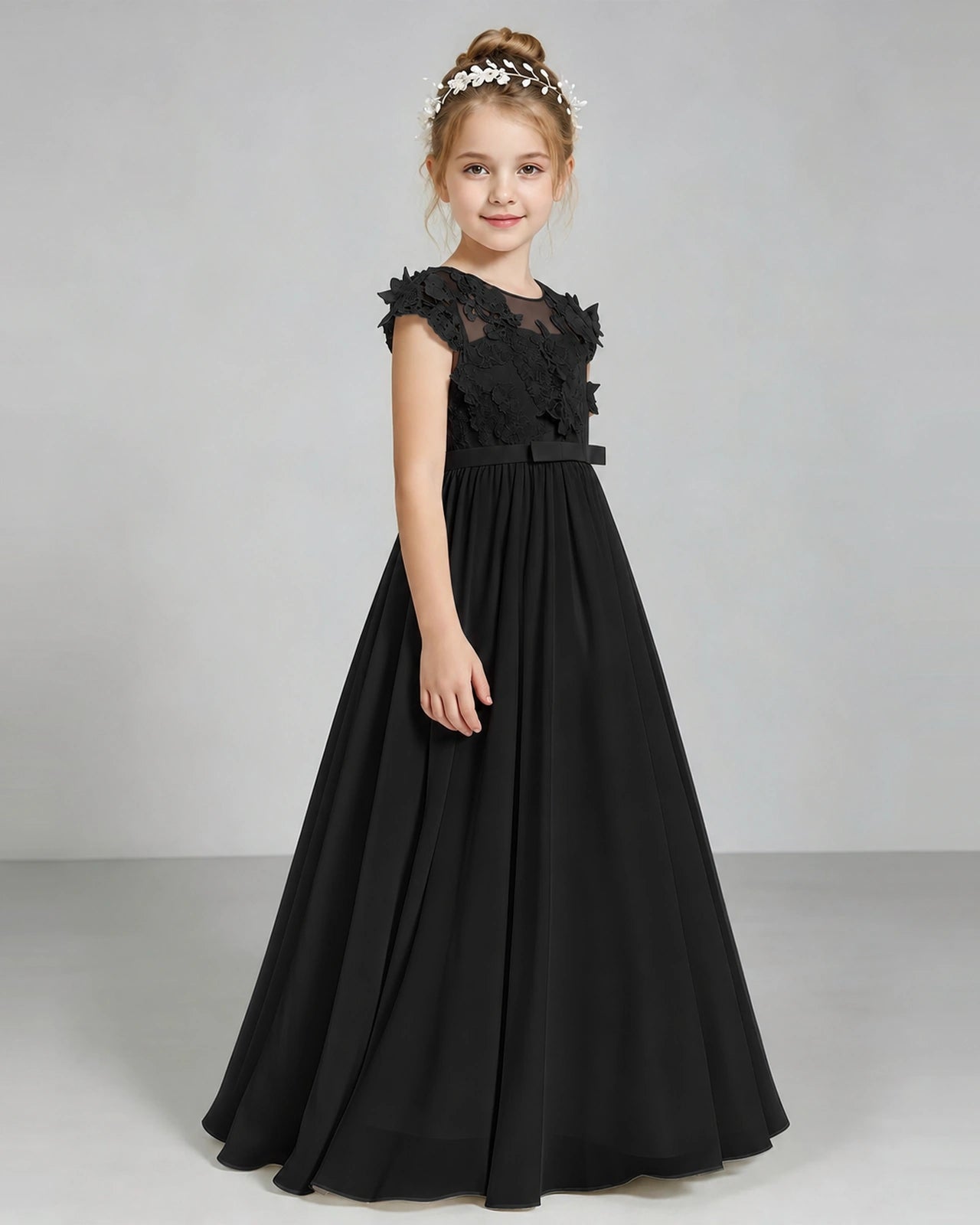 Black Flower Girl Dress 3D Floral Lace Sheer Chiffon A-Line Floor-Length Gown Side Full View