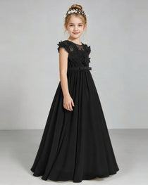 Black Flower Girl Dress 3D Floral Lace Sheer Chiffon A-Line Floor-Length Gown Side Full View