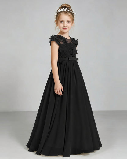 Black Flower Girl Dress 3D Floral Lace Sheer Chiffon A-Line Floor-Length Gown Side Full View