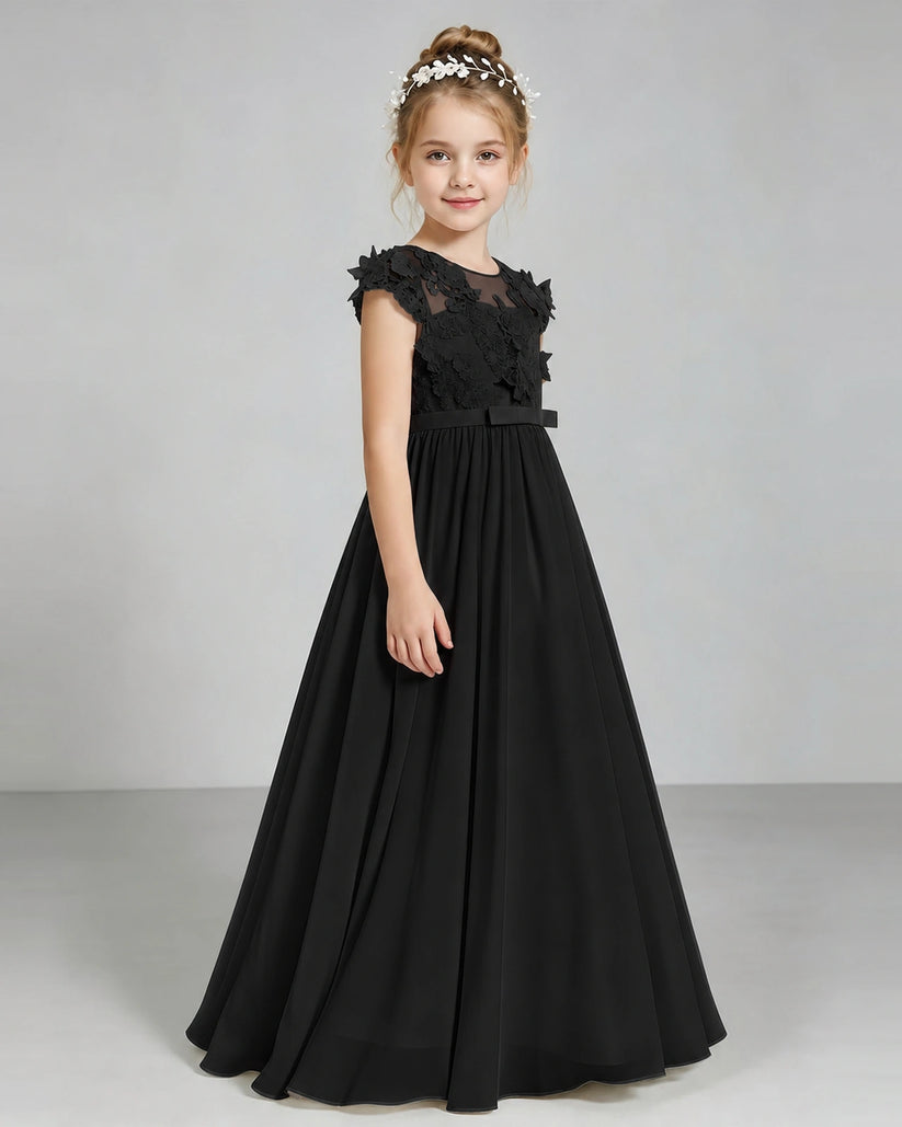 Black Chiffon A-line Junior Bridesmaid Dress Front View