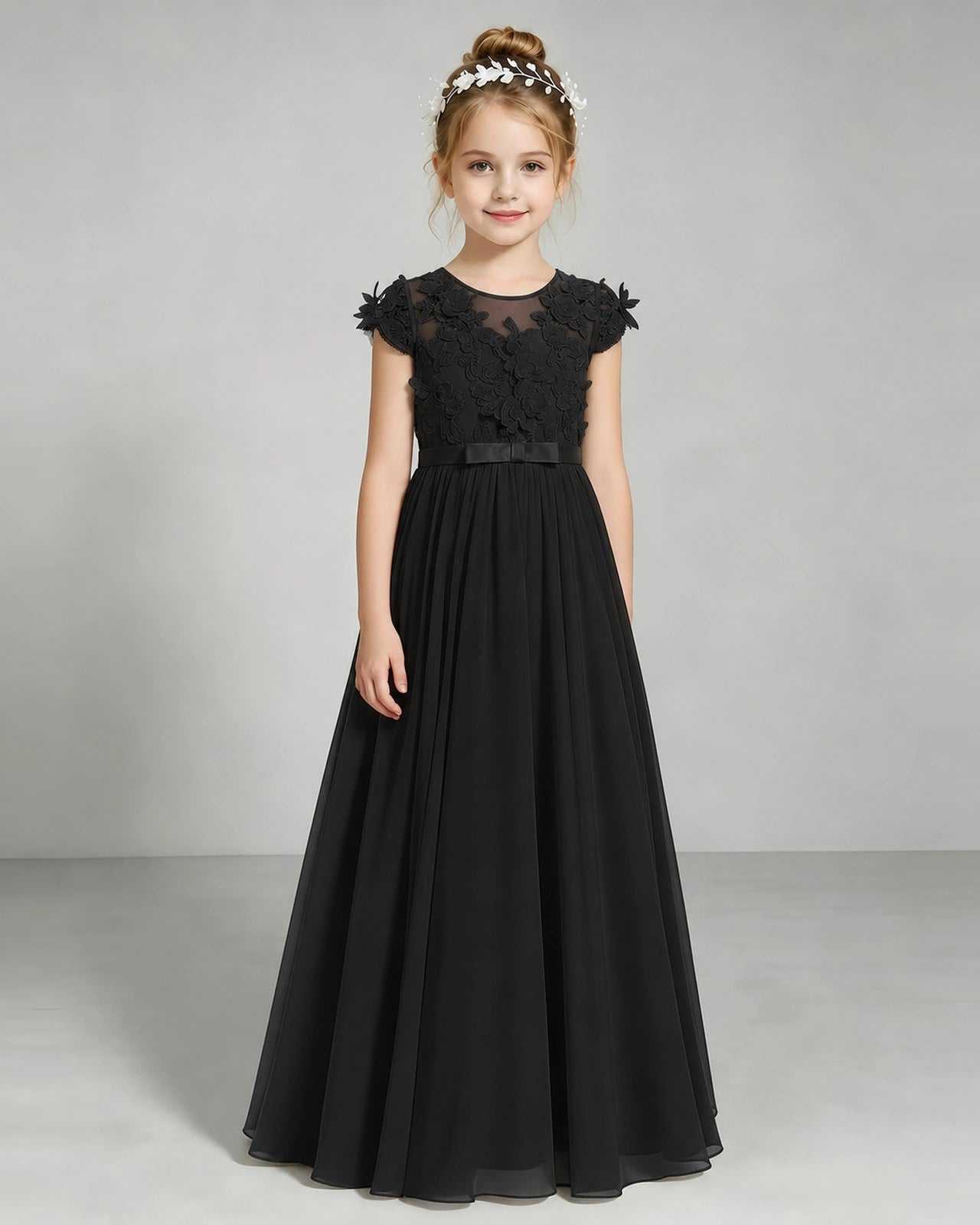 Black Flower Girl Dress 3D Floral Lace Sheer Chiffon A-Line Floor-Length Gown Front Full View