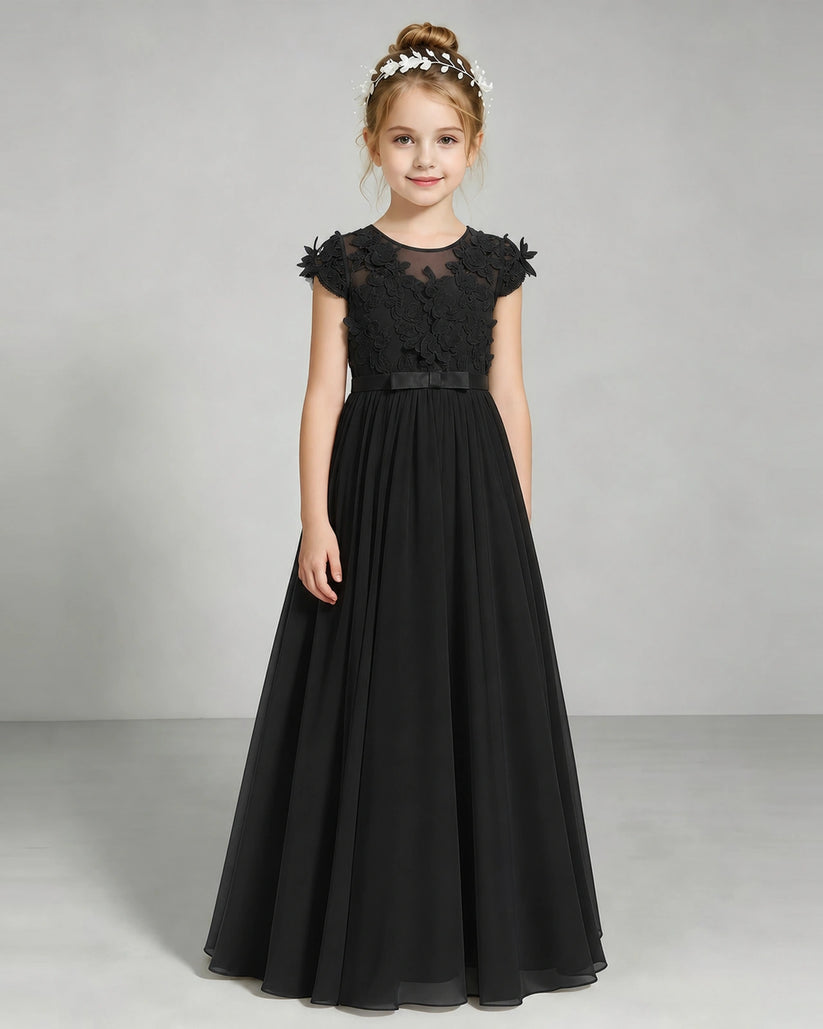 Black Chiffon A-line Junior Bridesmaid Dress Front View