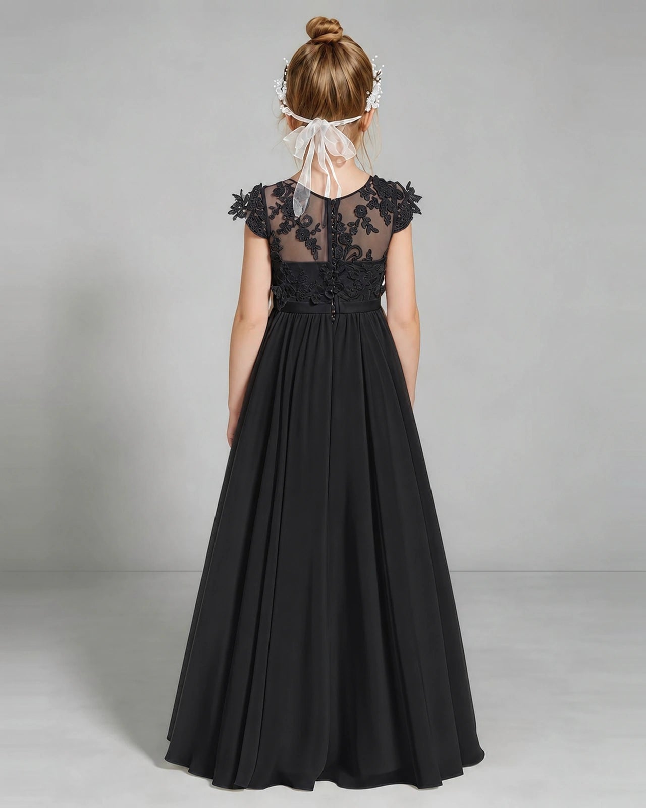 Black Flower Girl Dress 3D Floral Lace Sheer Chiffon A-Line Floor-Length Gown Back Full View