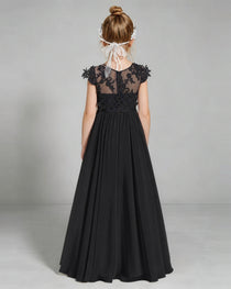 Black Flower Girl Dress 3D Floral Lace Sheer Chiffon A-Line Floor-Length Gown Back Full View