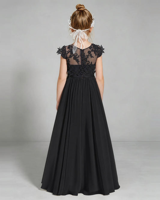 Black Chiffon A-line Junior Bridesmaid Dress Back View