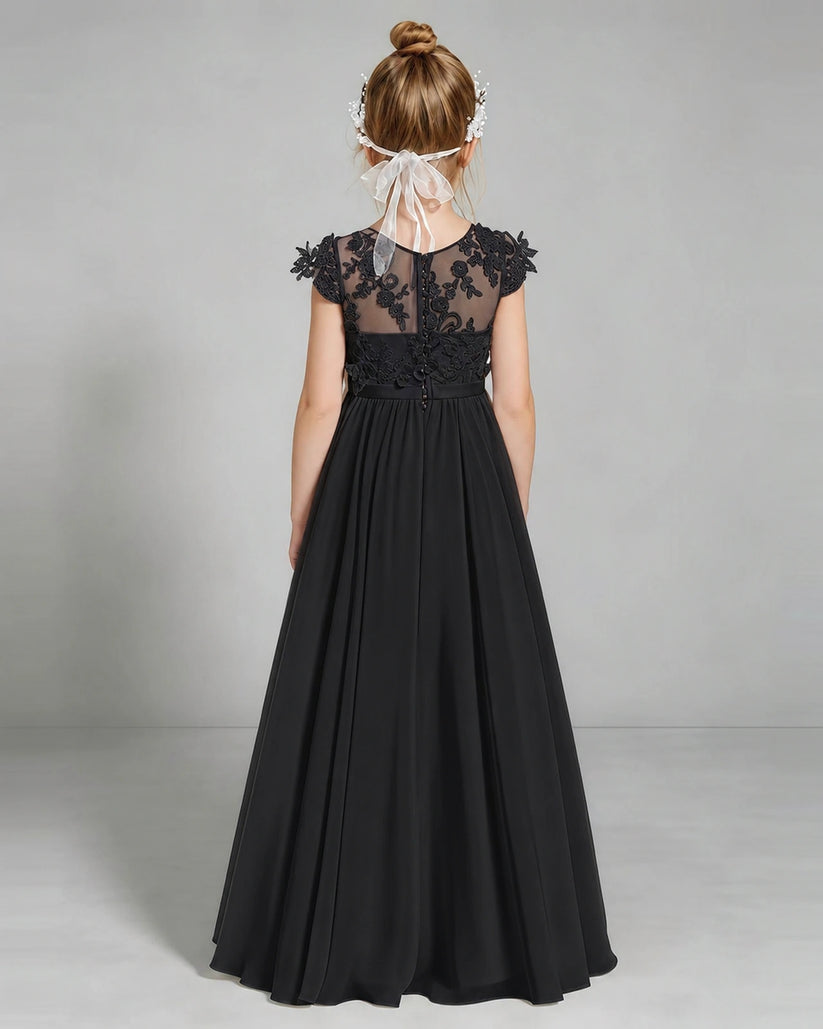 Black Chiffon A-line Junior Bridesmaid Dress Back View